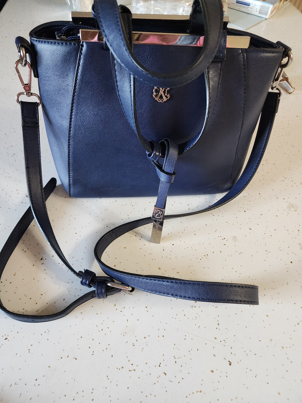 Christian Lacroix Navy Structured Top-Handle Satchel with Detachable Strap